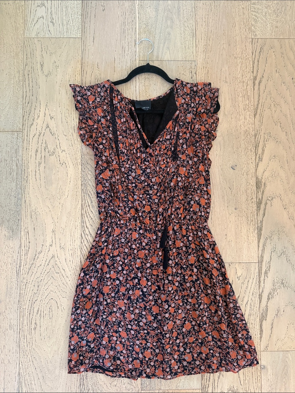 Greylin Black and Rust Floral Ruffle Mini Dress
